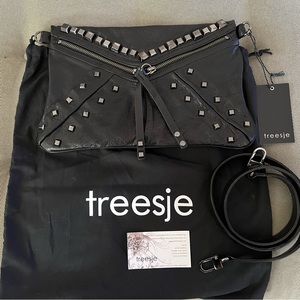 Treesje Envelope Style Studded Black Leather Messenger Bag with removable straps